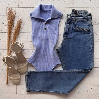 Dondoca_com_br Body Modal Canelado Golinha E Botoes Azul