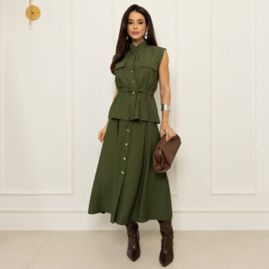 Dondoca_com_br Conjunto Midi Com Botoes E Lacinho Na Cintura Verde Oliva