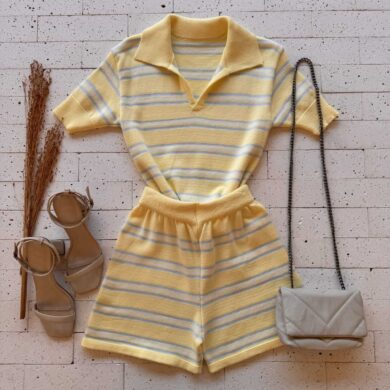 Dondoca_com_br Conjunto Modal Listrado Cropped Com Gola E Short Amarelo E Azul