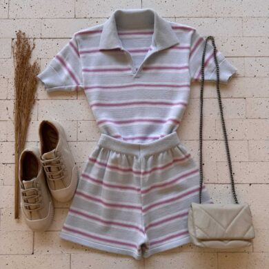 Dondoca_com_br Conjunto Modal Listrado Cropped Com Gola E Short Azul E Rosa