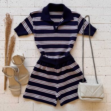 Dondoca_com_br Conjunto Modal Listrado Cropped Com Gola E Short Marinho E Rosa
