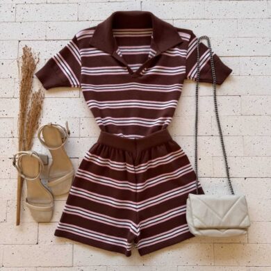 Dondoca_com_br Conjunto Modal Listrado Cropped Com Gola E Short Marrom E Rosa