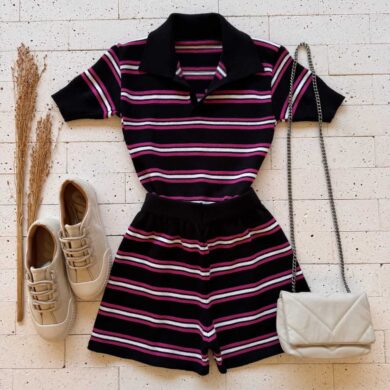 Dondoca_com_br Conjunto Modal Listrado Cropped Com Gola E Short Preto E Pink
