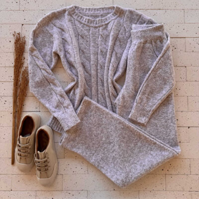 Dondoca_com_br Conjunto Trico Mousse Blusa Com Trama E Pantalona Off