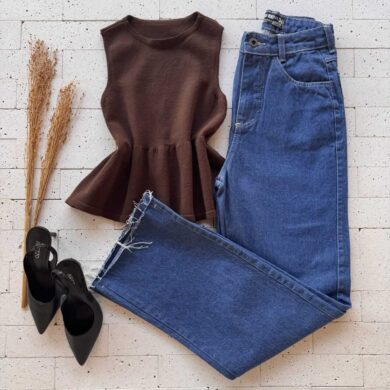 Dondoca_com_br Regata Modal Peplum Sem Decote Cafe
