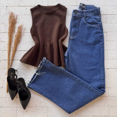 Dondoca_com_br Regata Modal Peplum Sem Decote Cafe