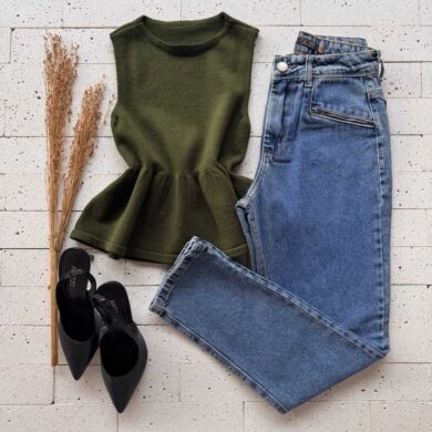 Dondoca_com_br Regata Modal Peplum Sem Decote Preta Verde Oliva