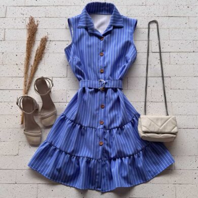 Dondoca_com_br Vestido Listrado Com Cinto E Gola Azul