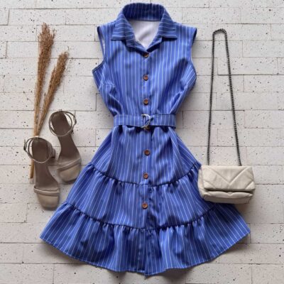 Dondoca_com_br Vestido Listrado Com Cinto E Gola Azul