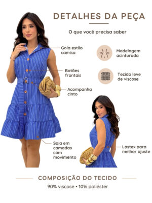 Dondoca_com_br Vestido Listrado Com Cinto E Gola Azul