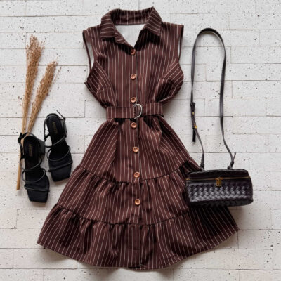 Dondoca_com_br Vestido Listrado Com Cinto E Gola Cafe