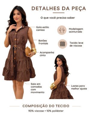Dondoca_com_br Vestido Listrado Com Cinto E Gola Cafe