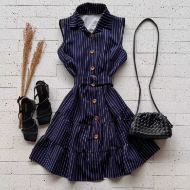 Dondoca_com_br Vestido Listrado Com Cinto E Gola Marinho