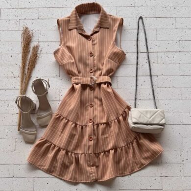 Dondoca_com_br Vestido Listrado Com Cinto E Gola Nude