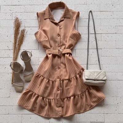 Dondoca_com_br Vestido Listrado Com Cinto E Gola Nude