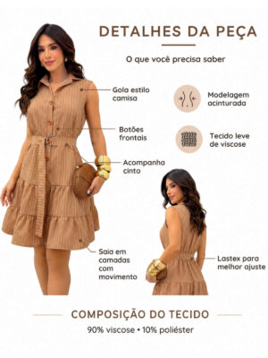 Dondoca_com_br Vestido Listrado Com Cinto E Gola Nude