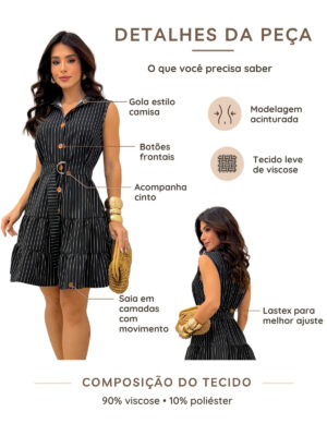 Dondoca_com_br Vestido Listrado Com Cinto E Gola Preto
