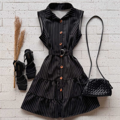 Dondoca_com_br Vestido Listrado Com Cinto E Gola Preto
