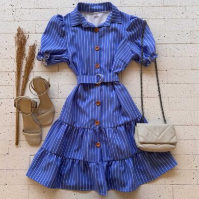 Dondoca_com_br Vestido Listrado Princesa Com Cinto E Gola Azul