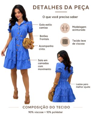 Detalhes do Vestido Listrado Princesa Com Cinto E Gola Azul