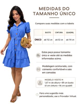 Tabela de medidas do Vestido Listrado Princesa Com Cinto E Gola Azul