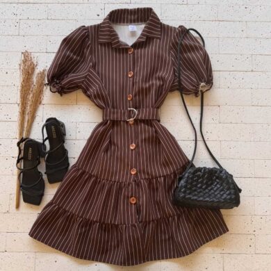 Dondoca_com_br Vestido Listrado Princesa Com Cinto E Gola Cafe