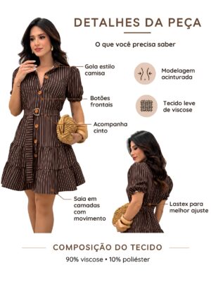 Detalhes do Vestido Listrado Princesa Com Cinto E Gola Cafe