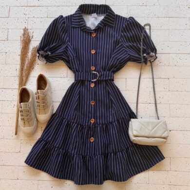 Dondoca_com_br Vestido Listrado Princesa Com Cinto E Gola Marinho