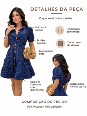Detalhes do Vestido Listrado Princesa Com Cinto E Gola Marinho