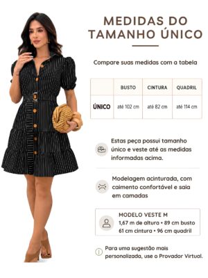 Tabela de Medidas do Vestido Listrado Princesa Com Cinto E Gola Preto
