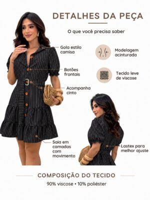Detalhes do Vestido Listrado Princesa Com Cinto E Gola Preto
