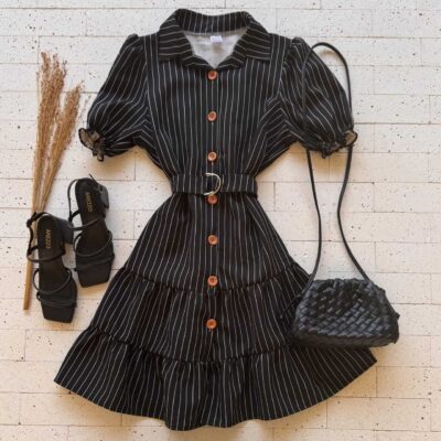 Dondoca_com_br Vestido Listrado Princesa Com Cinto E Gola Preto