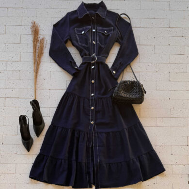 Dondoca_com_br Vestido Longuete Chemise Com Cinto E Botoes Marinho