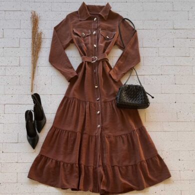 Dondoca_com_br Vestido Longuete Chemise Com Cinto E Botoes Marrom