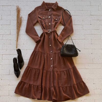 Dondoca_com_br Vestido Longuete Chemise Com Cinto E Botoes Marrom