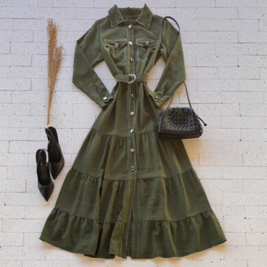 Dondoca_com_br Vestido Longuete Chemise Com Cinto E Botoes Verde Oliva