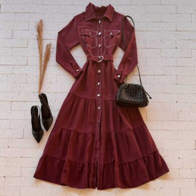 Dondoca_com_br Vestido Longuete Chemise Com Cinto E Botoes Vinho