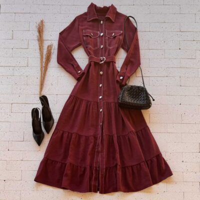 Dondoca_com_br Vestido Longuete Chemise Com Cinto E Botoes Vinho