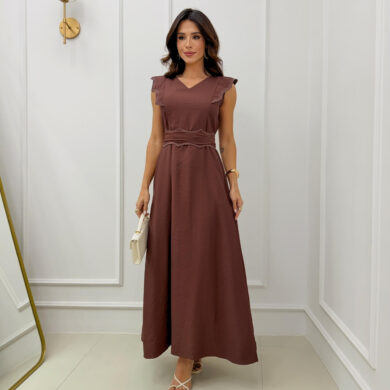 Dondoca_com_br Vestido Longuete Com Decote V Com Cinto Detalhado Cafe
