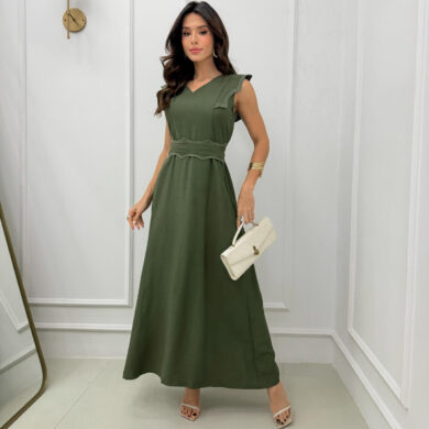 Dondoca_com_br Vestido Longuete Com Decote V Com Cinto Detalhado Verde Oliva