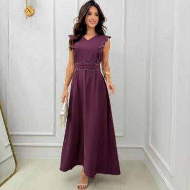Dondoca_com_br Vestido Longuete Com Decote V Com Cinto Detalhado Vinho