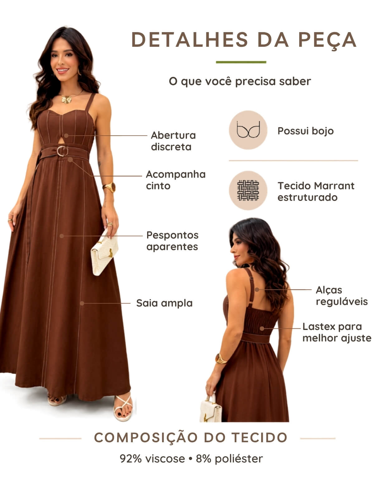 Dondoca_com_br Vestido Longuete Marrant Detalhe Abertura E Cinto Cafe