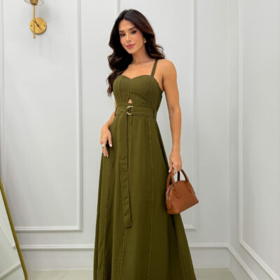Dondoca_com_br Vestido Longuete Marrant Detalhe Abertura E Cinto Verde Oliva 2 0
