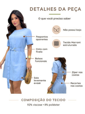 Dondoca_com_br Vestido Pespontado Com Cinto Azul