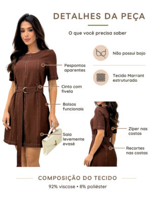 Dondoca_com_br Vestido Pespontado Com Cinto Cafe