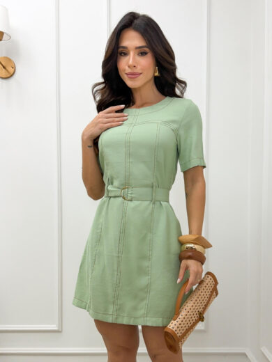 Dondoca_com_br Vestido Pespontado Com Cinto Pistache