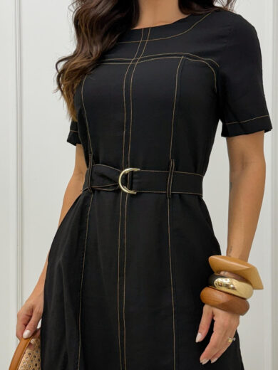 Dondoca_com_br Vestido Pespontado Com Cinto Preto