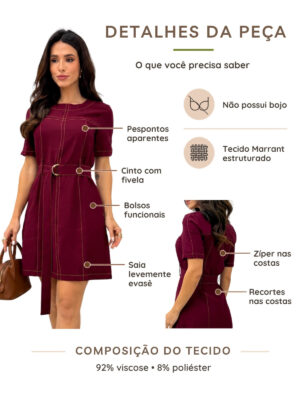 Dondoca_com_br Vestido Pespontado Com Cinto Vinho