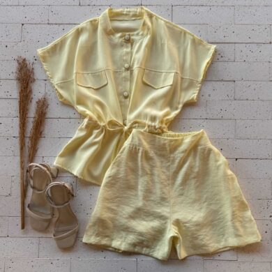 Dondoca_com_br Conjunto Blusa Botoes E Lacinho E Short Amarelo