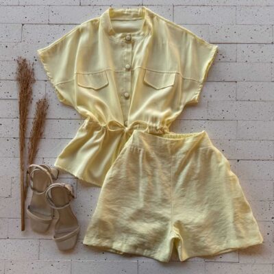Dondoca_com_br Conjunto Blusa Botoes E Lacinho E Short Amarelo
